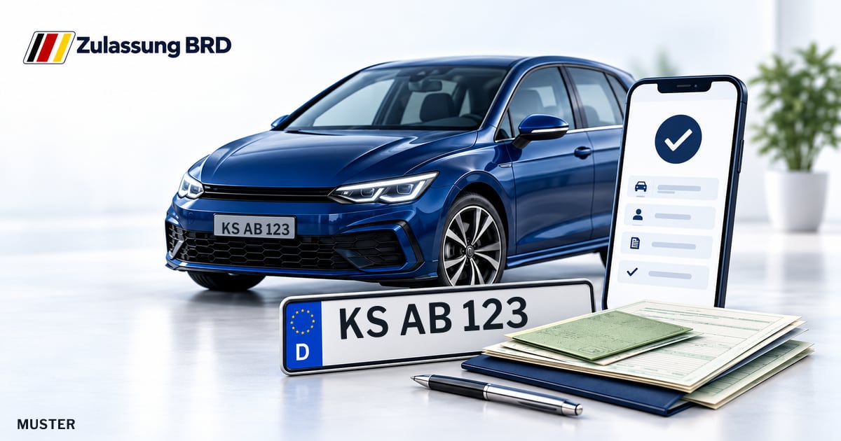 Online Fahrzeugzulassung in Landkreis Kassel: Musterkennzeichen KS AB 123, Auto und Fahrzeugpapiere und Smartphone. Illustration mit Logo von Zulassung BRD.